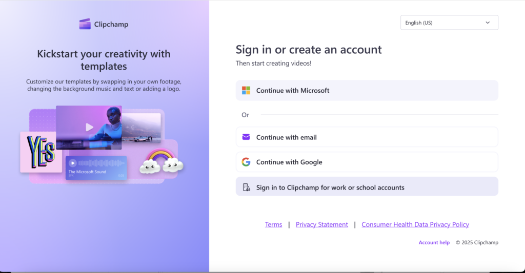 ClipChamp Log In Screen